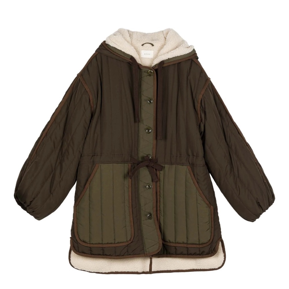 Quilted Olive & Brown Hooded Jacket with Sherpa Lining